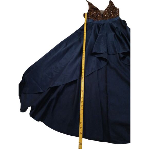 Elegant Formal Dress Sz 8 Navy Blue Gold Sequins Top Spaghetti Straps HI-LO Prom - Picture 15 of 16